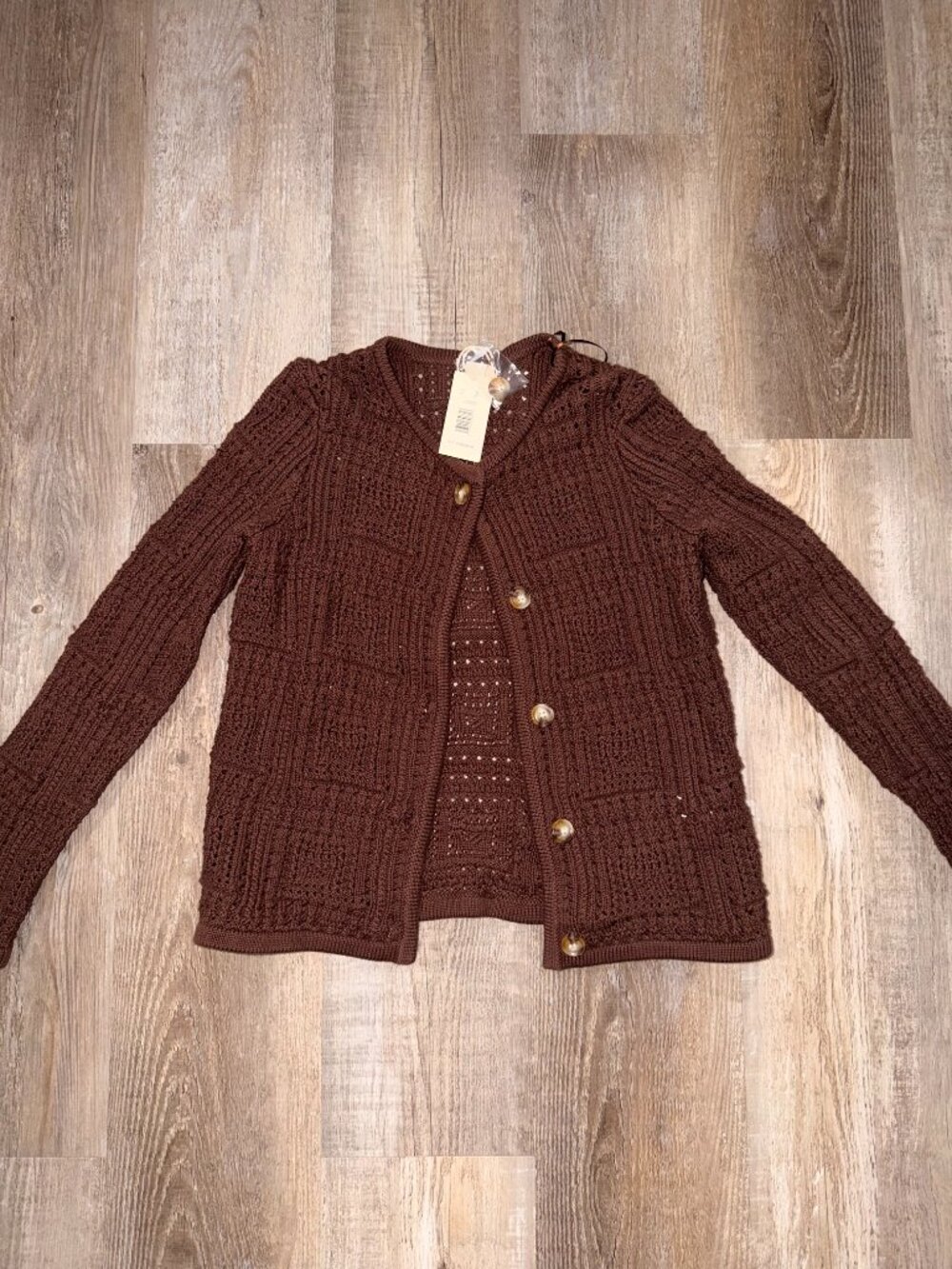 Magaschoni Pointelle Crochet Cardigan Brown S NWT